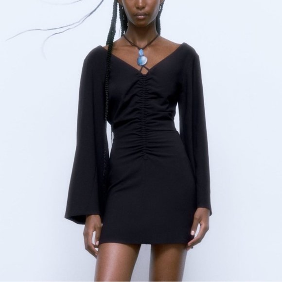 Zara Dresses & Skirts - NEW Zara V-neck Wide Bell Sleeves Boho Black Mini Dress with Stone Detailing
